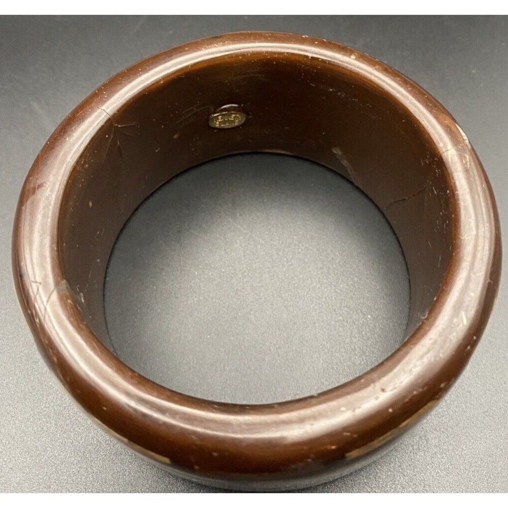 Signed Kenneth Lane Bangle Bracelet  1.5" Wide Inlaid Burled Chunky Wood 8" LOOK - Picture 3 of 15